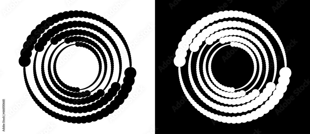 Modern abstract background. Halftone dots in circle form. Round logo. Vector dotted frame. Design element or icon. Black shape on a white background and the same white shape on the black side. Modern abstract background. Halftone dots in circle form. Round logo. Vector dotted frame. Design element or icon. Black shape on a white background and the same white shape on the black side.