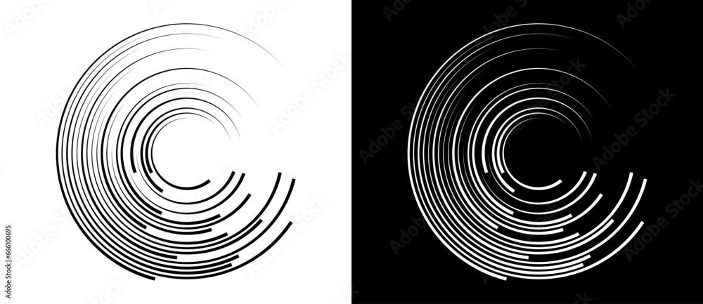 Abstract background with lines in circle. Art design spiral as logo or icon. A black figure on a white background and an equally white figure on the black side. - obrazy, fototapety, plakaty 