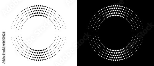 Modern abstract background. Halftone dots in circle form. Round logo. Vector dotted frame. Design element or icon. Black shape on a white background and the same white shape on the black side.
