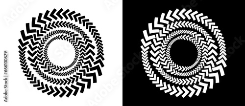 Abstract background with arrows in circle. Art design spiral as logo or icon. A black figure on a white background and an equally white figure on the black side.