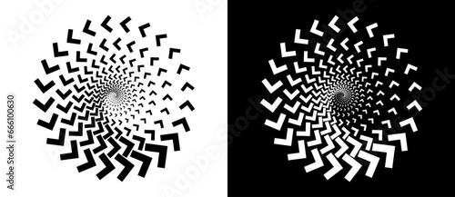 Abstract background with arrows in circle. Art design spiral as logo or icon. A black figure on a white background and an equally white figure on the black side.