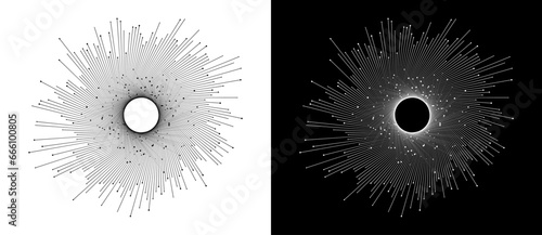 Connecting many dots with circle in center via lines. Big Data concept. Design element or icon. Black shape on a white background and the same white shape on the black side.