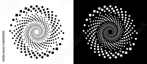 Spiral dotted background with rhombuses. Yin and yang style. Design element or icon. Black shape on a white background and the same white shape on the black side.
