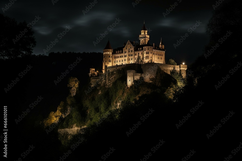 Nighttime castle on hill. Generative AI