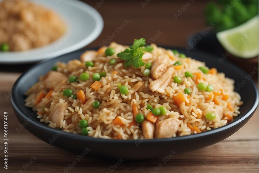 A Close-Up View of a Chinese Main Course Dish, Chicken Fried Rice, Bursting with Flavors and Delightful Textures A Close-Up View of a Chinese Main Course Dish, Chicken Fried Rice, Bursting with Flavors and Delightful Textures