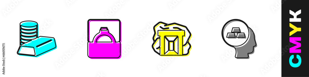 Set Gold coin with gold bars, Diamond engagement ring box, mine and icon. Vector Set Gold coin with gold bars, Diamond engagement ring box, mine and icon. Vector