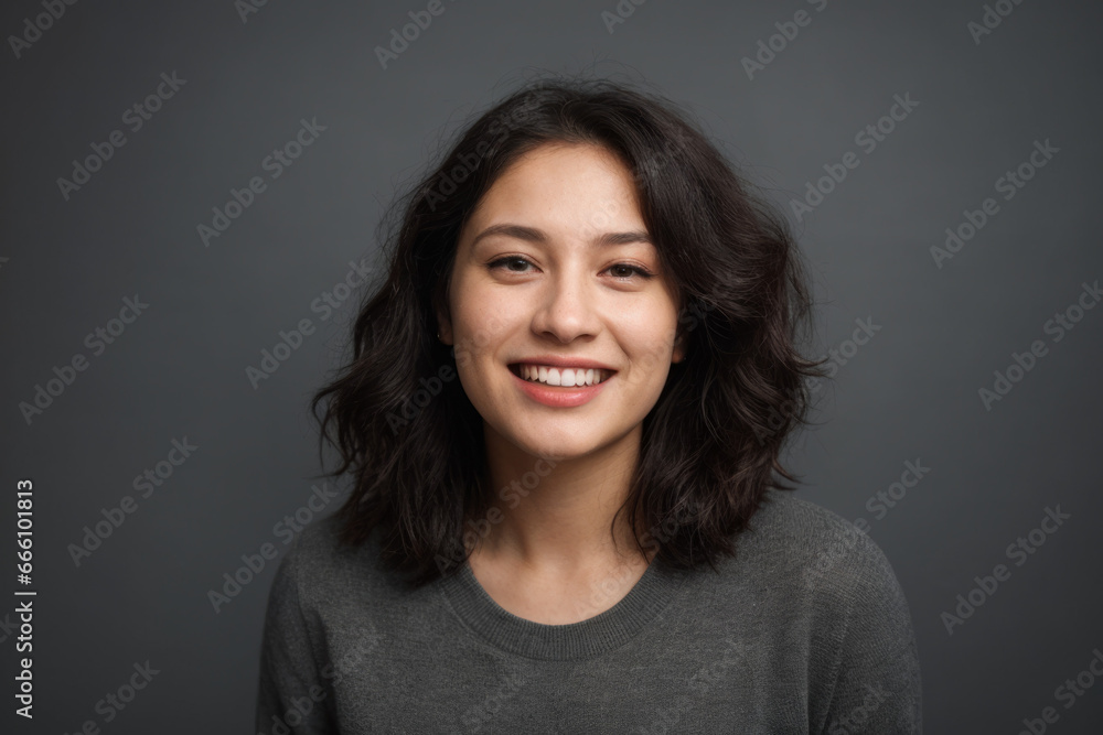 Everyday people. A smiling asian woman with brown wavy hair. Wearing a grey shirt. Pretty woman. On a dark grey background. Healthy glow. Portrait. Everyday people. A smiling asian woman with brown wavy hair. Wearing a grey shirt. Pretty woman. On a dark grey background. Healthy glow. Portrait.