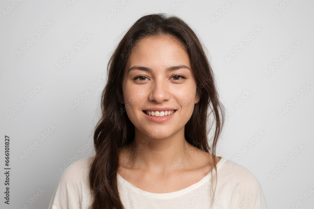 Everyday people. A happy asian woman smiling. Black wavy hair to her shoulders. Wearing a white shirt. Pretty woman. University student. Wholesome. On a grey studio background. Portrait. Everyday people. A happy asian woman smiling. Black wavy hair to her shoulders. Wearing a white shirt. Pretty woman. University student. Wholesome. On a grey studio background. Portrait.