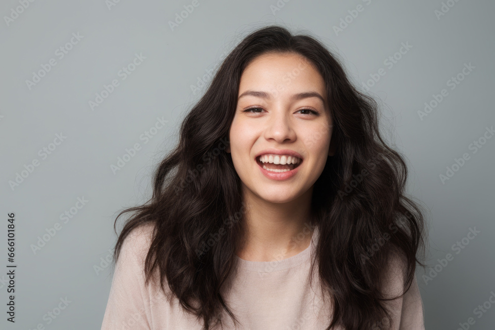 Everyday people. A happy asian woman laughing. Black wavy hair to her shoulders. Wearing a white shirt. Pretty woman. University student. On a light grey studio background. Portrait. Everyday people. A happy asian woman laughing. Black wavy hair to her shoulders. Wearing a white shirt. Pretty woman. University student. On a light grey studio background. Portrait.