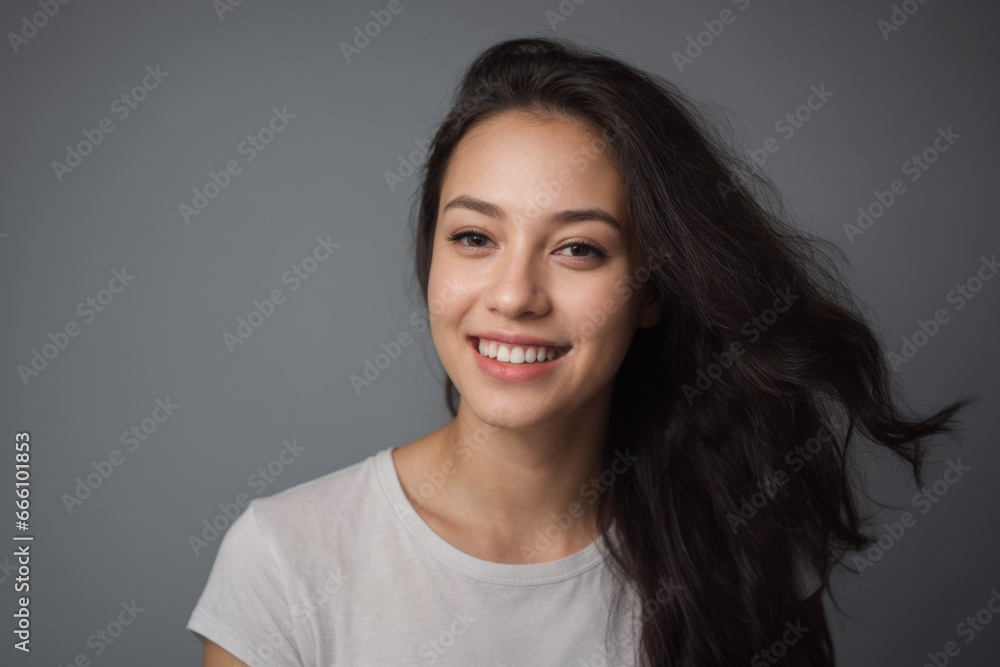 Everyday people. A happy asian woman laughing. Black windswept wavy hair to her shoulders. Wearing a white shirt. Pretty woman. University student. Wholesome. On a grey studio background. Portrait. Everyday people. A happy asian woman laughing. Black windswept wavy hair to her shoulders. Wearing a white shirt. Pretty woman. University student. Wholesome. On a grey studio background. Portrait.