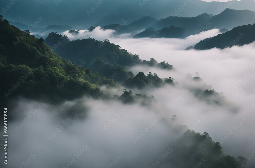 Foggy landscape in the jungle. Fog and cloud mountain tropic valley landscape. Aerial view