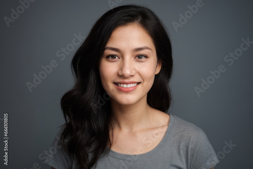 Everyday people. A smiling asian woman with long brown wavy hair. Wearing a grey shirt. Pretty woman. On a dark grey background. Natural beauty. Portrait.