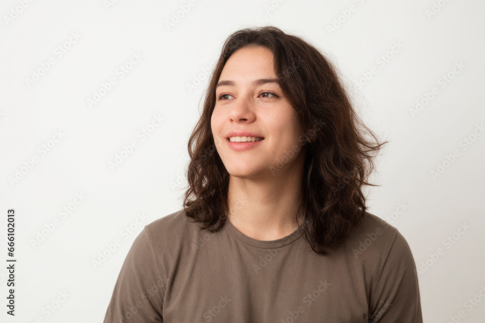 Everyday people. A smiling man with long hair. Wearing a brown shirt. On a white background. Friendly man. Clean shaven. Baby face. Portrait. Everyday people. A smiling man with long hair. Wearing a brown shirt. On a white background. Friendly man. Clean shaven. Baby face. Portrait.