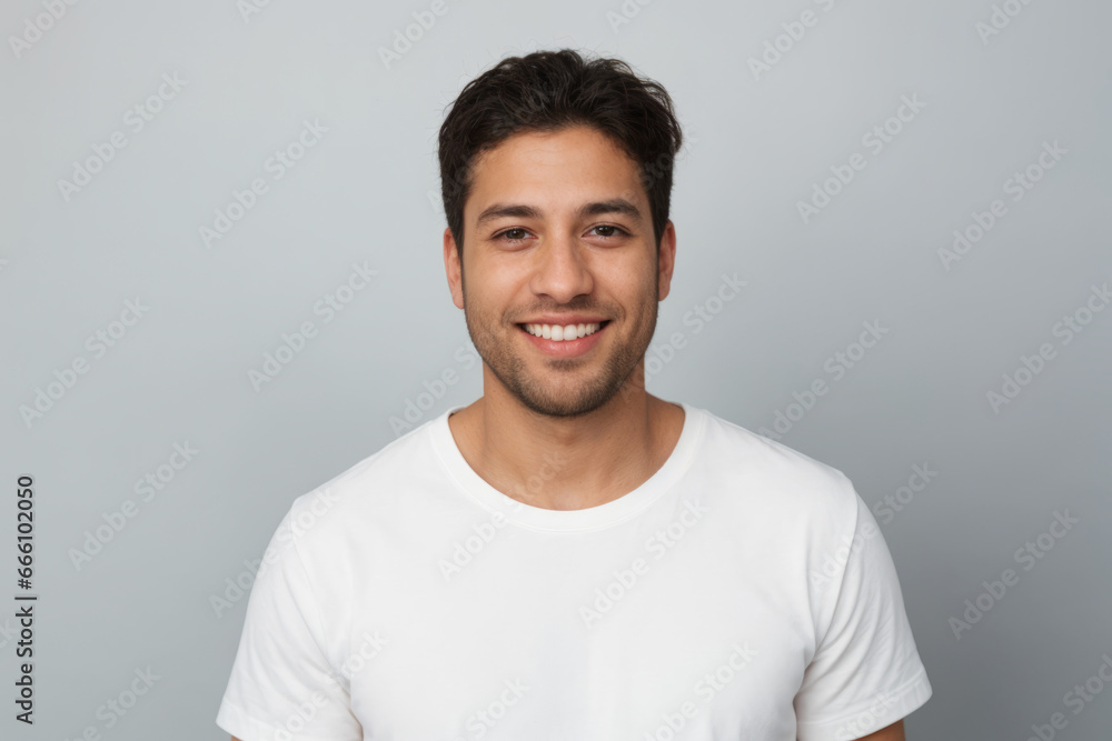 Everyday people. A smiling man. Wearing a white shirt. On a light background. Friendly man. Handsome. Stubble and beard. Portrait.