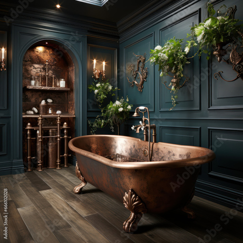  A splendid bathroom with a copper bathtub  