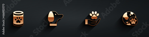 Set Canned food, Dog, Hands with animals footprint and World pet icon with long shadow. Vector