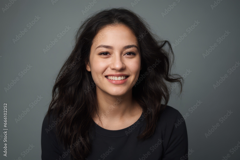 Everyday people. A happy woman smiling. Black shoulder length wavy hair. Wearing a dark shirt. Pretty woman. University student. Wholesome. On a grey studio background. Portrait. Everyday people. A happy woman smiling. Black shoulder length wavy hair. Wearing a dark shirt. Pretty woman. University student. Wholesome. On a grey studio background. Portrait.