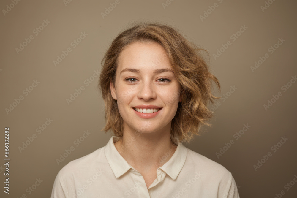 Everyday people. A smiling woman. Brown shoulder length wavy hair. Wearing a white shirt. On a light studio background. Portrait.