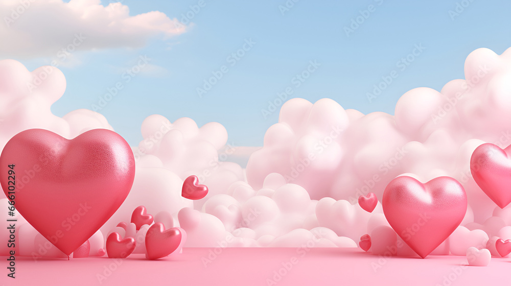 Valentine's Day background with red hearts and pink clouds Valentine's Day background with red hearts and pink clouds