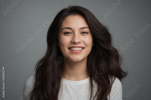 Everyday people. A happy woman smiling. Black shoulder length wavy hair. Wearing a white shirt. Pretty woman. University student. Wholesome. On a grey studio background. Portrait.