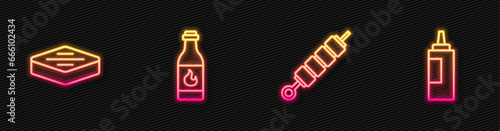 Set line Grilled shish kebab, Steak meat, Tabasco sauce and Sauce bottle. Glowing neon icon. Vector