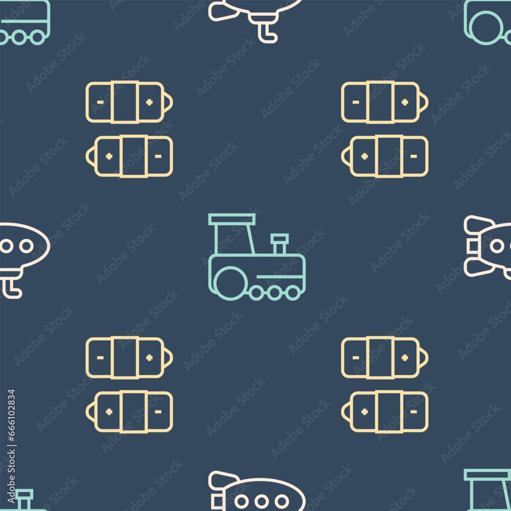 Set line Submarine toy, Battery and Toy train on seamless pattern. Vector Set line Submarine toy, Battery and Toy train on seamless pattern. Vector