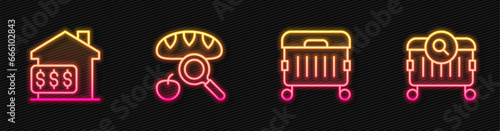 Set line Trash can, House with dollar, Searching for food and . Glowing neon icon. Vector