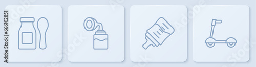 Set line Yogurt in bottle with spoon, Baby, Breast pump and Roller scooter. White square button. Vector