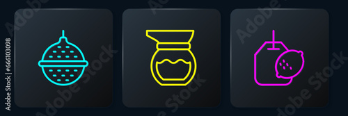 Set line Ball tea strainer, Tea bag with lemon and Teapot. Black square button. Vector