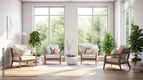 Modern living room with white armchairs, wooden floor, and a view of lush greenery.