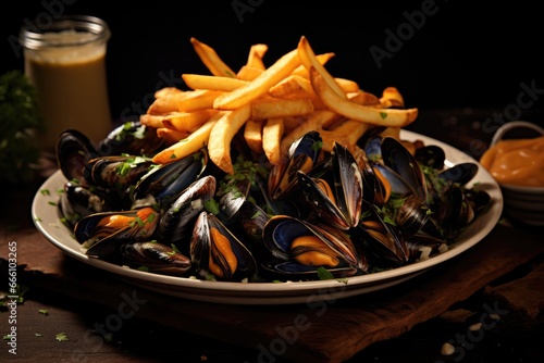 A plate of mussels and fries with two sauces, in a dimly lit setting.