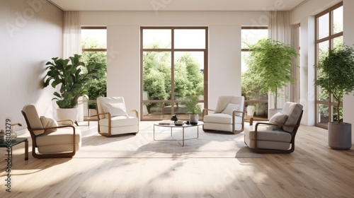 Modern living room with white armchairs  wooden floor  and large windows adorned with plants.