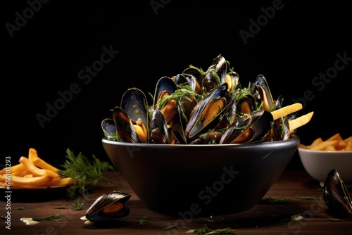 A bowl of mussels and fries, garnished with herbs on a dark background.