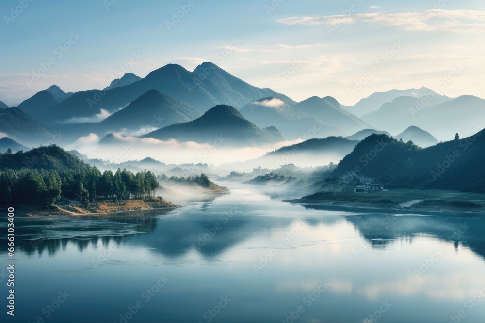 Misty mountains meet a serene lake, with a quaint village nestled on the right.