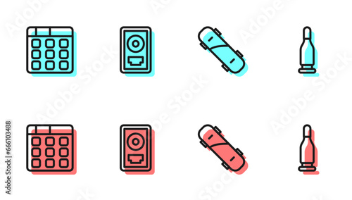 Set line Skateboard, Drum machine music, CD disk award frame and Bullet icon. Vector