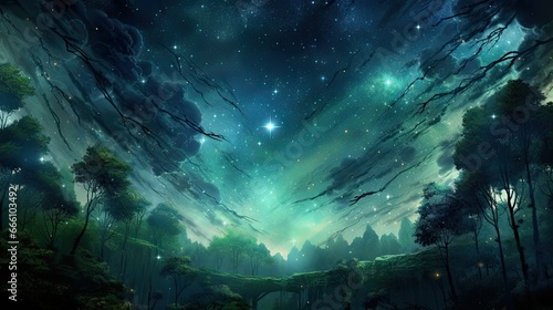  a painting of a night sky with stars and trees in the foreground.  generative ai