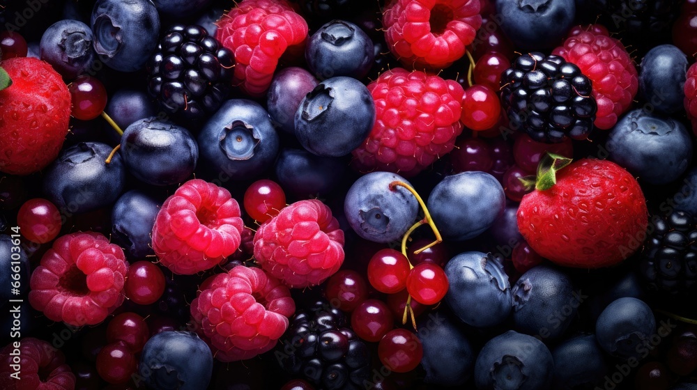 a pile of berries and raspberries with water droplets on them. generative ai a pile of berries and raspberries with water droplets on them. generative ai