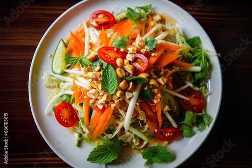 A plate of delicious papaya salad or som tam. 