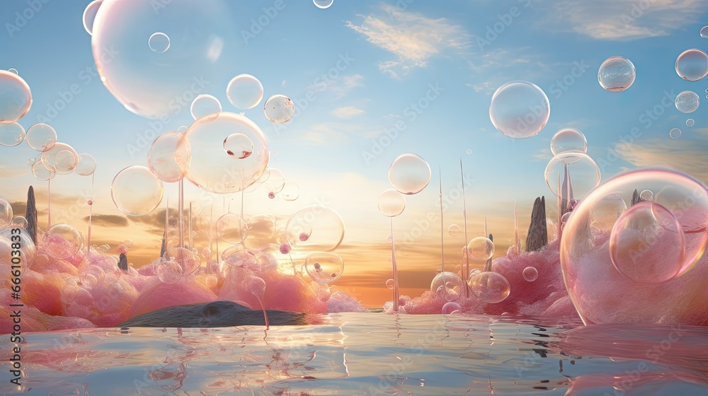  a bunch of bubbles floating in the air over a body of water.  generative ai
