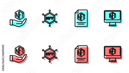 Set line NFT contract, Digital crypto art, blockchain technology and Monitor with store app icon. Vector