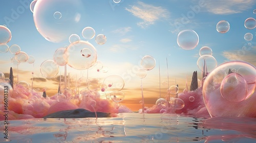 a bunch of bubbles floating in the air over a body of water. generative ai