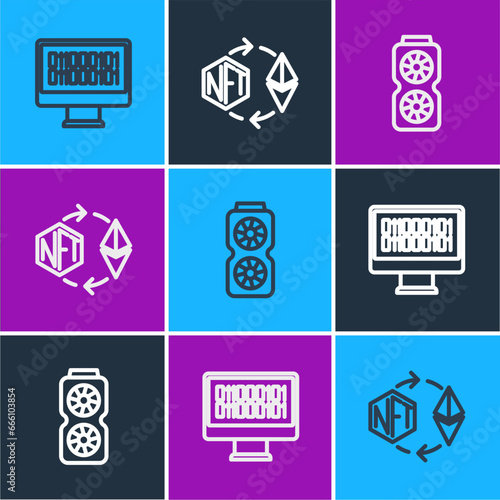 Set line Binary code, Video graphic card and Ethereum exchange NFT icon. Vector