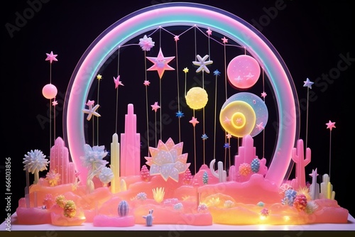Pastel neon diorama with celestial elements. Generative AI
