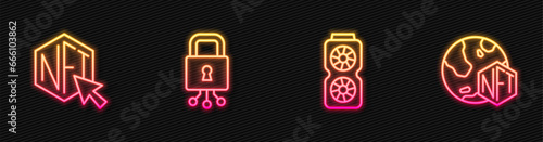 Set line Video graphic card, NFT Digital crypto art, Cyber security and . Glowing neon icon. Vector