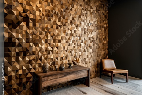 Triangular wood blocks creatively stacked to form a wall, adorned with soft sheen mosaic tiles. Generative AI