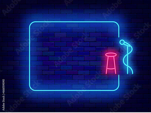 Stand up neon advertising. Night club and empty white frame. Comic show. Microphone and chair. Vector stock illustration
