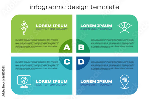 Set line Yin Yang symbol, Chinese paper lantern, New Year and Traditional fan. Business infographic template. Vector