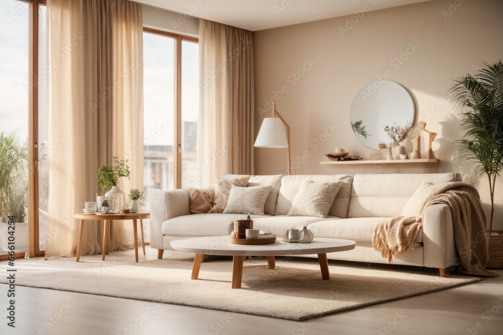 Elegant contemporary living room interior decorated in cozy beige tones. home interior design of modern living room.