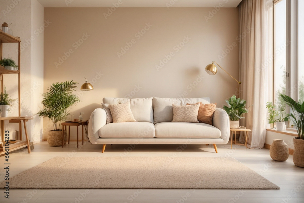 Elegant contemporary living room interior decorated in cozy beige tones. home interior design of modern living room.