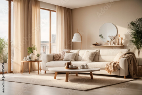 Elegant contemporary living room interior decorated in cozy beige tones. home interior design of modern living room.
